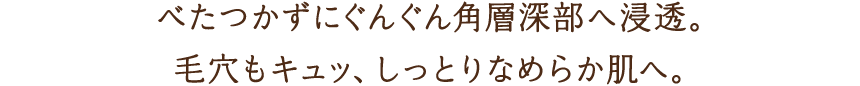 べたつかずにぐんぐん角層深部へ浸透。毛穴もキュッ、しっとりなめらか肌へ。