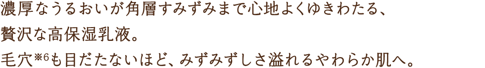 濃厚なうるおいが角層すみずみまで心地よくゆきわたる、贅沢な高保湿乳液。毛穴※6も目だたないほど、みずみずしさ溢れるやわらか肌へ。