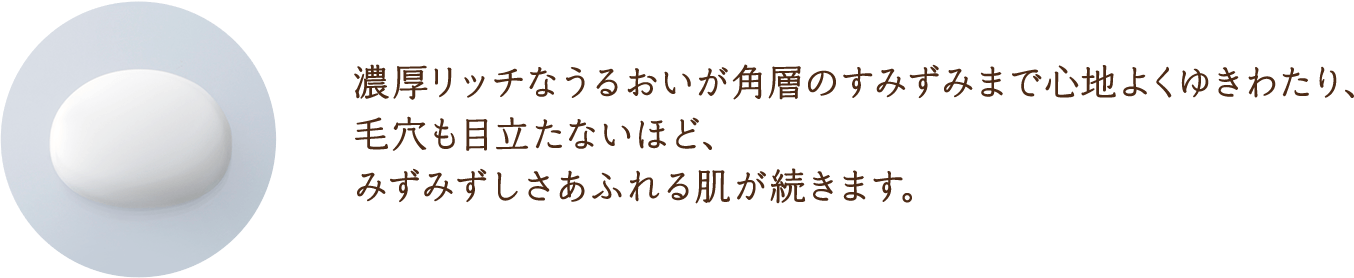 濃厚リッチなうるおいが角層のすみずみまで心地よくゆきわたり、毛穴も目立たないほど、みずみずしさあふれる肌が続きます。