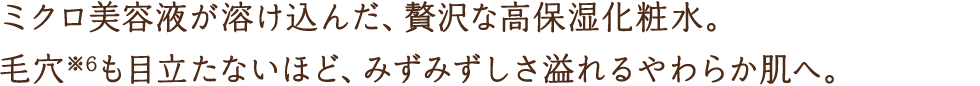 ミクロ美容液が溶け込んだ、贅沢な高保湿化粧水。毛穴※6も目立たないほど、みずみずしさ溢れるやわらか肌へ。