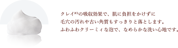 クレイ※3の吸収効果で、肌に負担をかけずに毛穴の汚れや古い角質もすっきりと落とします。ふわふわクリーミィな泡で、なめらかな洗い心地です。